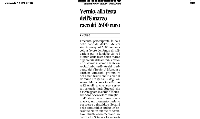 Vernio, Festa dell’8 marzo raccolti 2600 euro